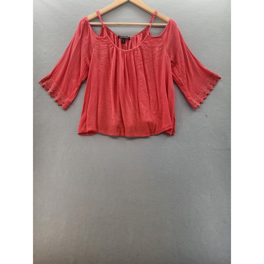 Happening‎ in the Present Cold Shoulder Boho Top Crochet Lace Coral Orange XL